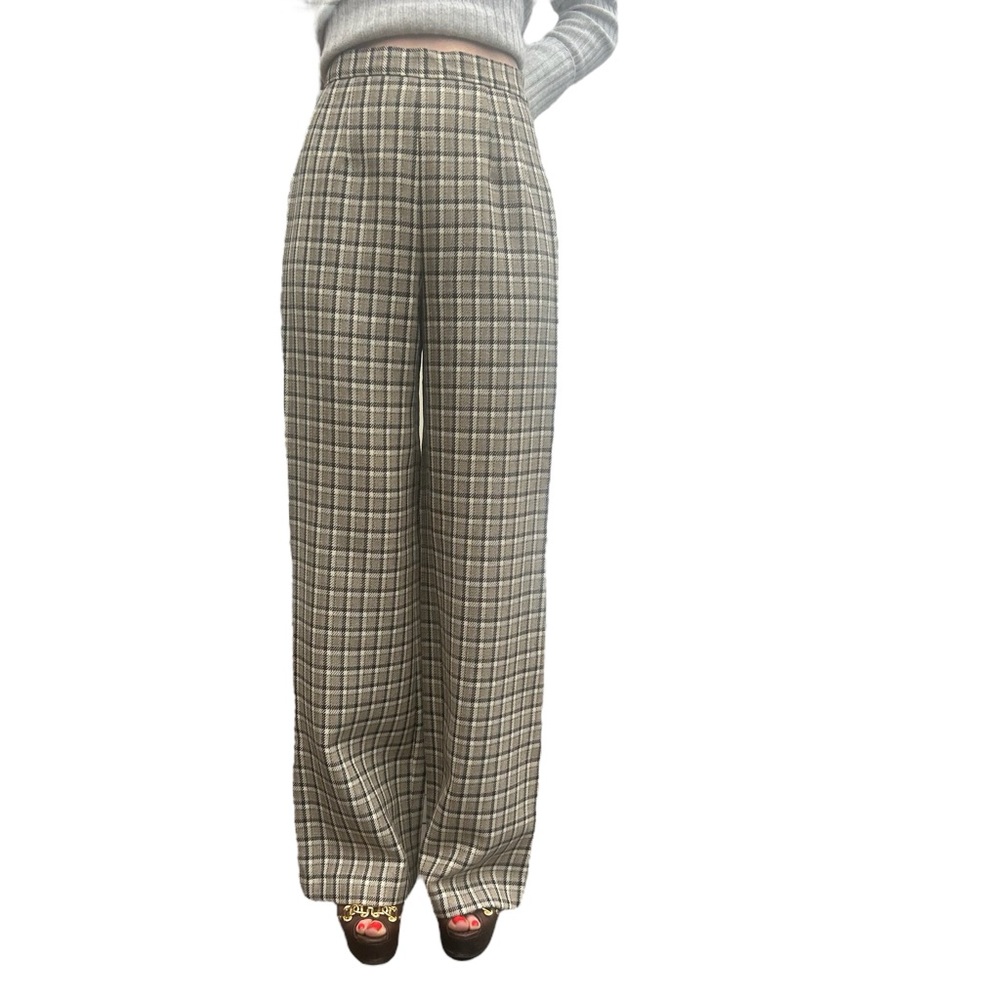 MARYAM NASSIR ZADEH Wool Plaid High-Rise Wide Leg Brown Pants Small Academia
